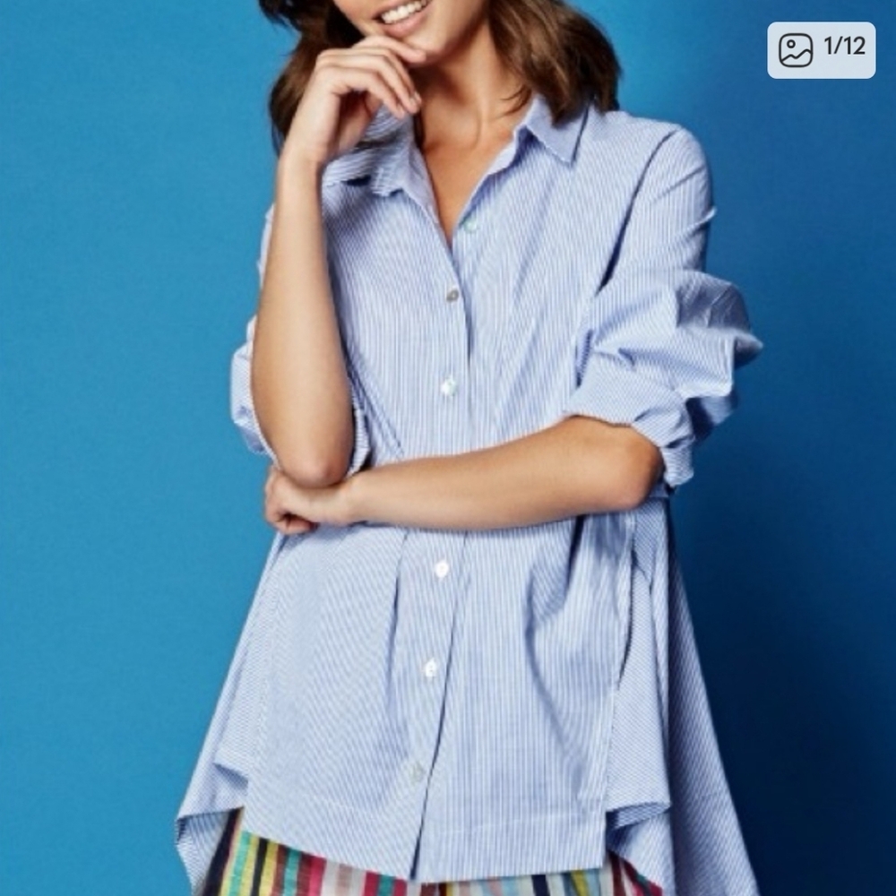 Alembika Birdy Boxy Striped Button Down Shirt Blue White Oversized Lagenlook